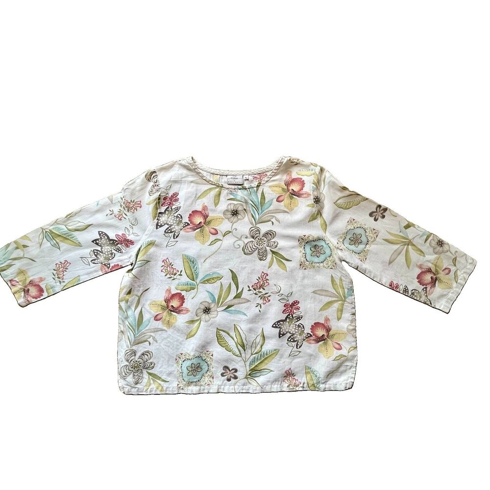 VTG Hot Cotton Marc Ware Floral Linen Blend 3/4” Sleeve Tunic Top Large
